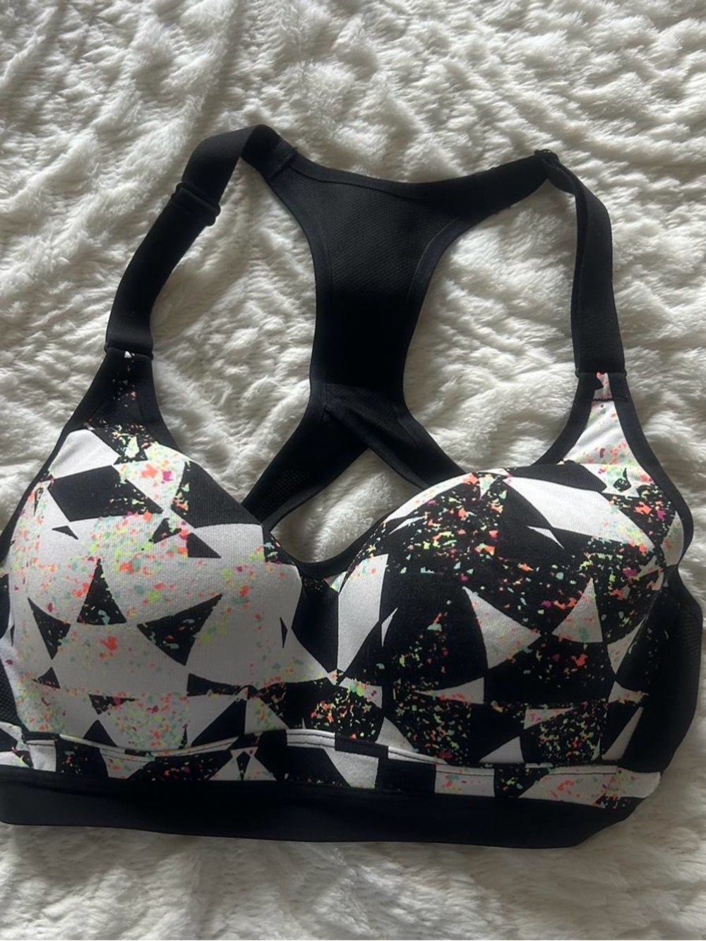 Victoria's Secret Black & White Geometric Racerback Sports Bra with Neon Speckle